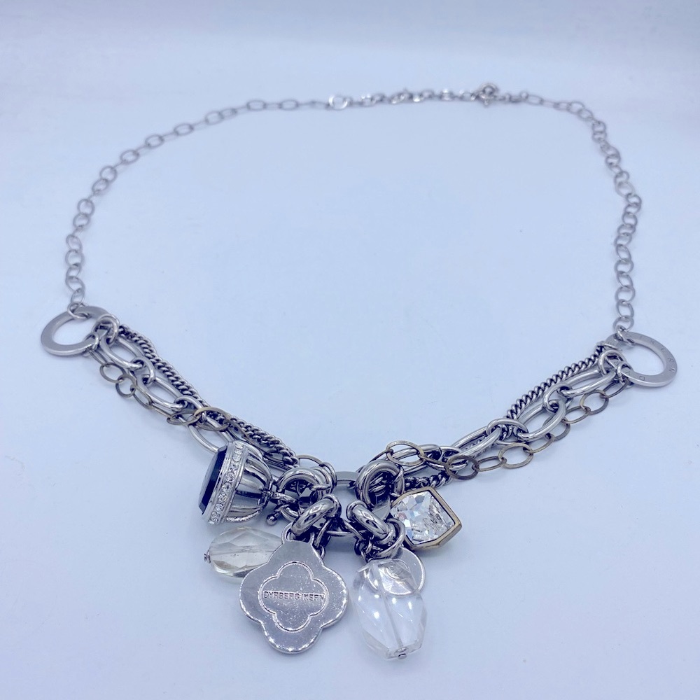 Vintage Dryberg Kern Silver Tone Long  Crystal Charm Statement Necklace Elegant